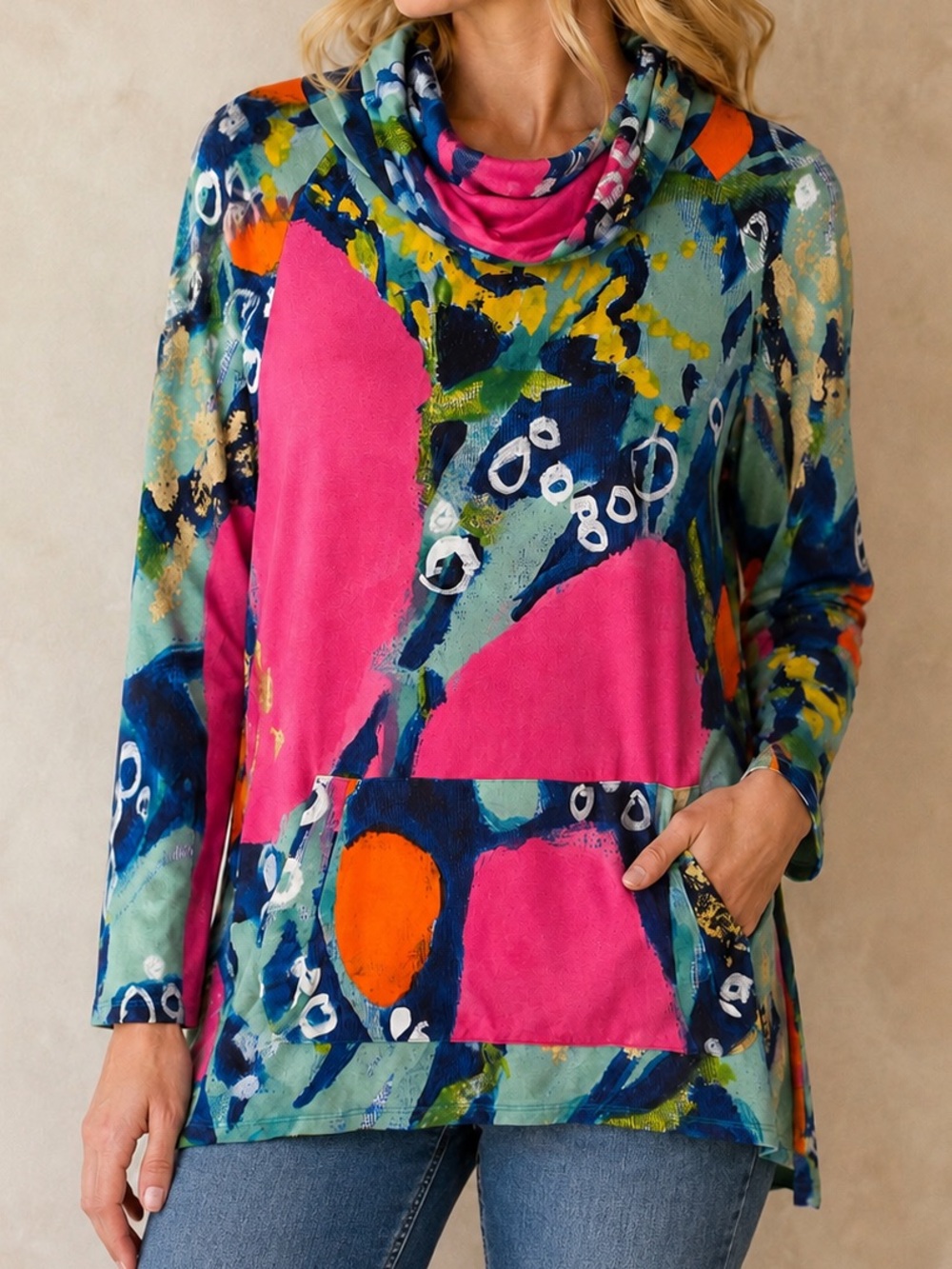 Claire Desjardins Abstract Print Cowl Neck Stretch Tunic Top XL Art to Wear